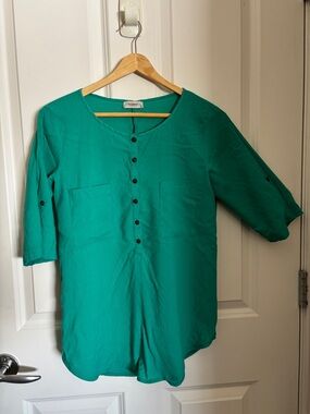 Teal Turquoise Button-Down Roll-Sleeve Tunic
